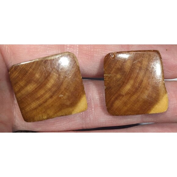 Vintage Brown Wood Square Retro Cuff Links - Picture 3 of 7